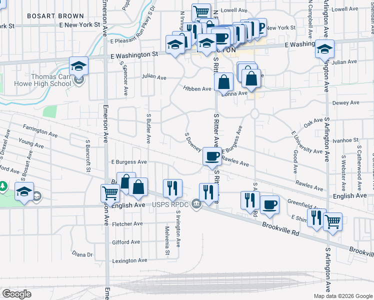 map of restaurants, bars, coffee shops, grocery stores, and more near 340 South Downey Avenue in Indianapolis