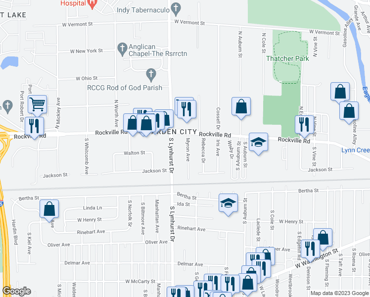 map of restaurants, bars, coffee shops, grocery stores, and more near 30 Myron Avenue in Indianapolis