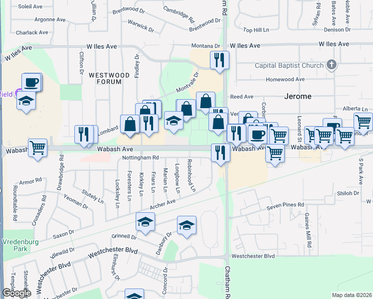 map of restaurants, bars, coffee shops, grocery stores, and more near 89 Nottingham Rd in Springfield