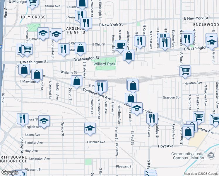 map of restaurants, bars, coffee shops, grocery stores, and more near 158 Harlan Street in Indianapolis