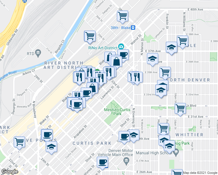 map of restaurants, bars, coffee shops, grocery stores, and more near 3199 Lawrence Street in Denver
