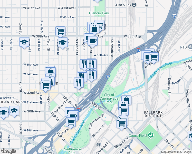 map of restaurants, bars, coffee shops, grocery stores, and more near 3343 Mariposa Street in Denver