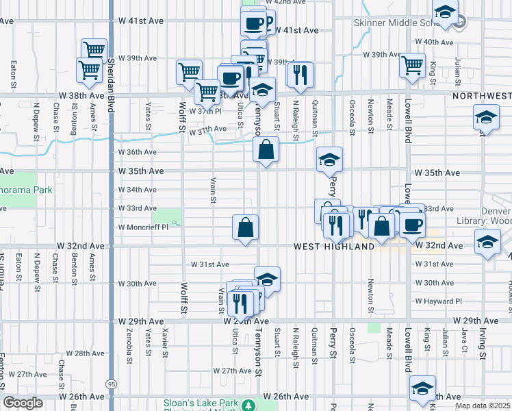 map of restaurants, bars, coffee shops, grocery stores, and more near in Denver