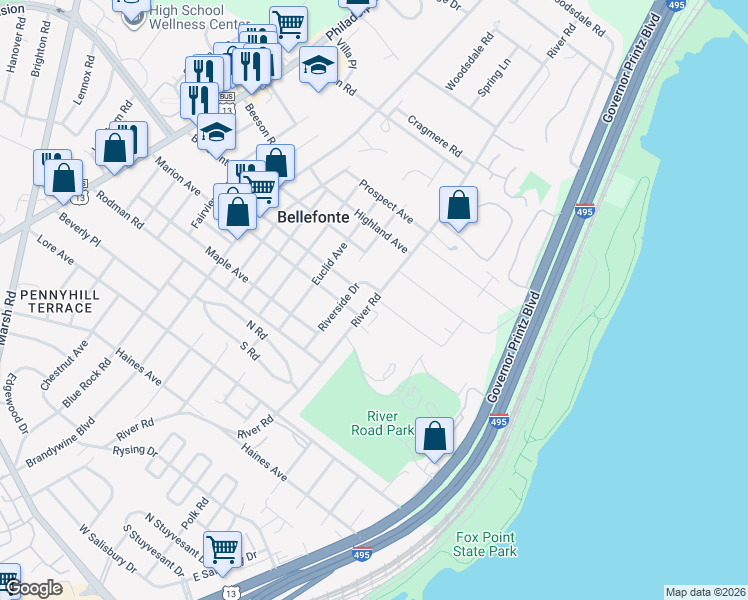 map of restaurants, bars, coffee shops, grocery stores, and more near 1002 River Road in Wilmington