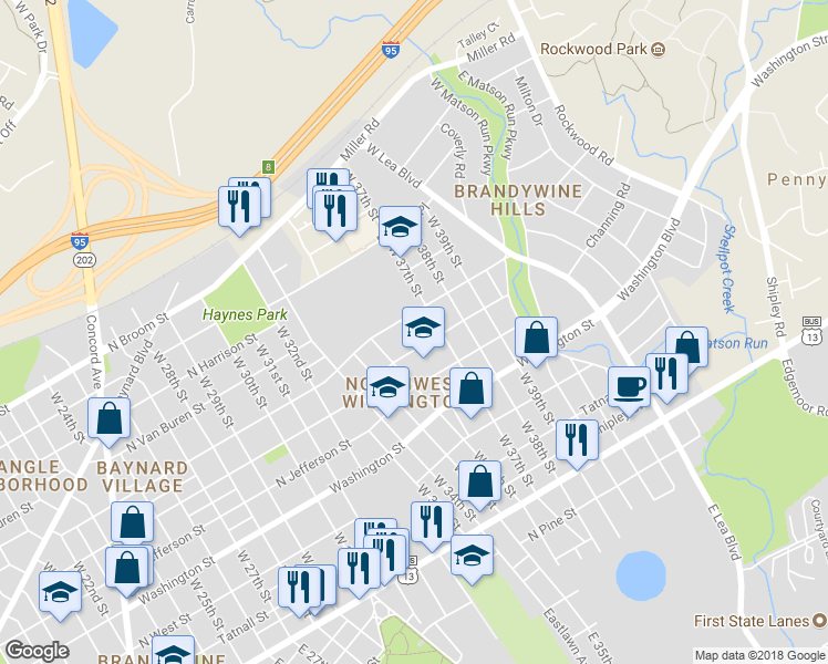 map of restaurants, bars, coffee shops, grocery stores, and more near 509 Barrett Street in Wilmington