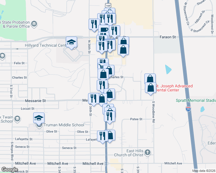 map of restaurants, bars, coffee shops, grocery stores, and more near 411-441 North Belt Highway in Saint Joseph