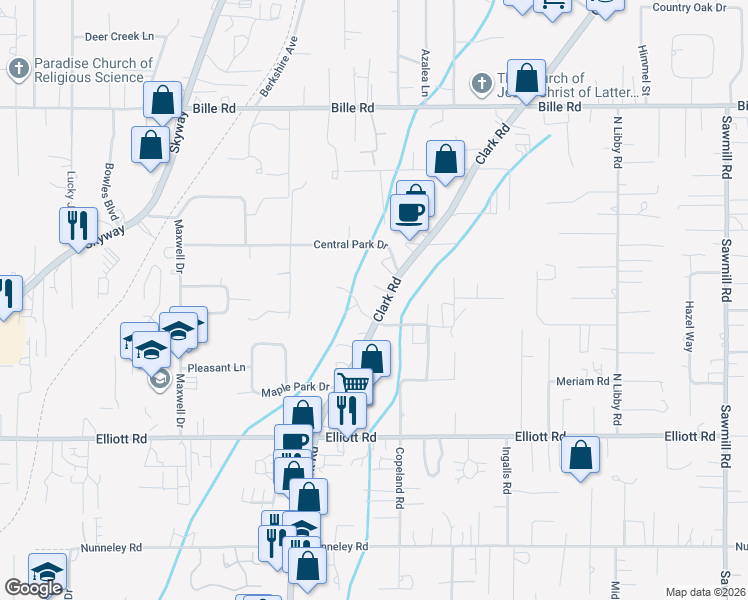 map of restaurants, bars, coffee shops, grocery stores, and more near 6161 Clark Road in Paradise