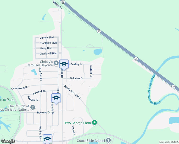 map of restaurants, bars, coffee shops, grocery stores, and more near 2929 Laxford Drive in Springfield