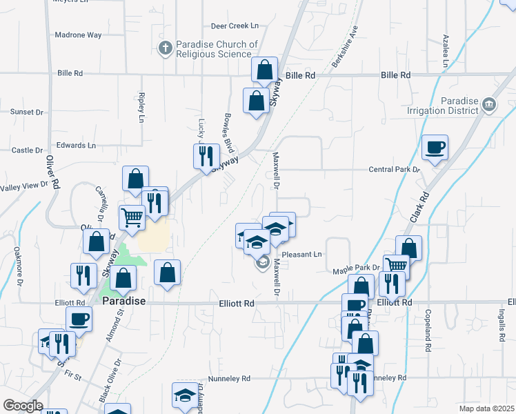 map of restaurants, bars, coffee shops, grocery stores, and more near 5975 Maxwell Drive in Paradise