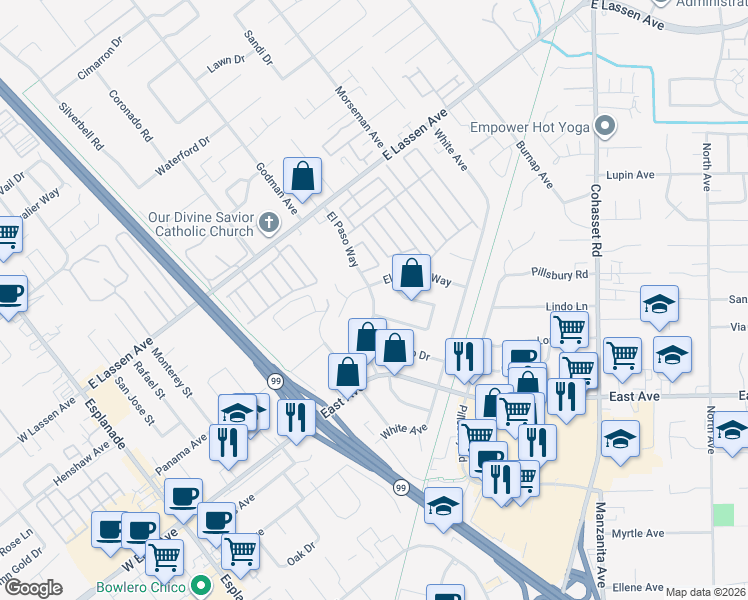 map of restaurants, bars, coffee shops, grocery stores, and more near 2586 El Paso Way in Chico