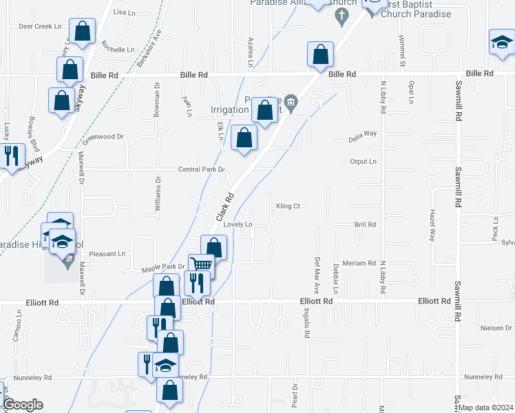 map of restaurants, bars, coffee shops, grocery stores, and more near 6010 Sunny Lane in Paradise