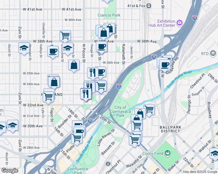map of restaurants, bars, coffee shops, grocery stores, and more near 1415 West 33rd Avenue in Denver