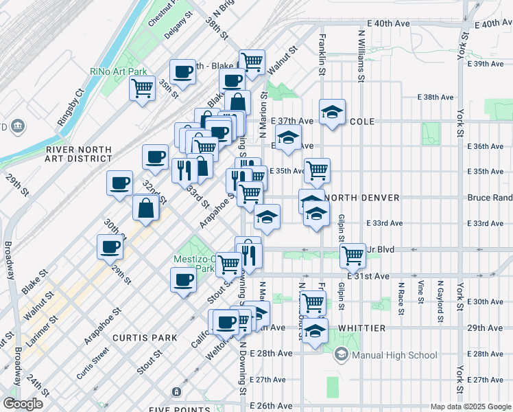 map of restaurants, bars, coffee shops, grocery stores, and more near 3300 North Downing Street in Denver