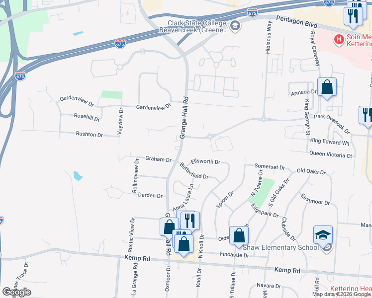 map of restaurants, bars, coffee shops, grocery stores, and more near 3865 Park Overlook Drive in Beavercreek
