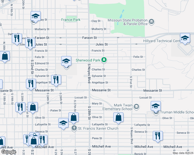 map of restaurants, bars, coffee shops, grocery stores, and more near 2805 Angelique Street in Saint Joseph