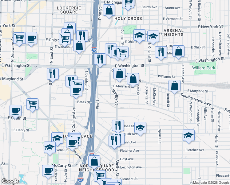 map of restaurants, bars, coffee shops, grocery stores, and more near Shelby St in Indianapolis