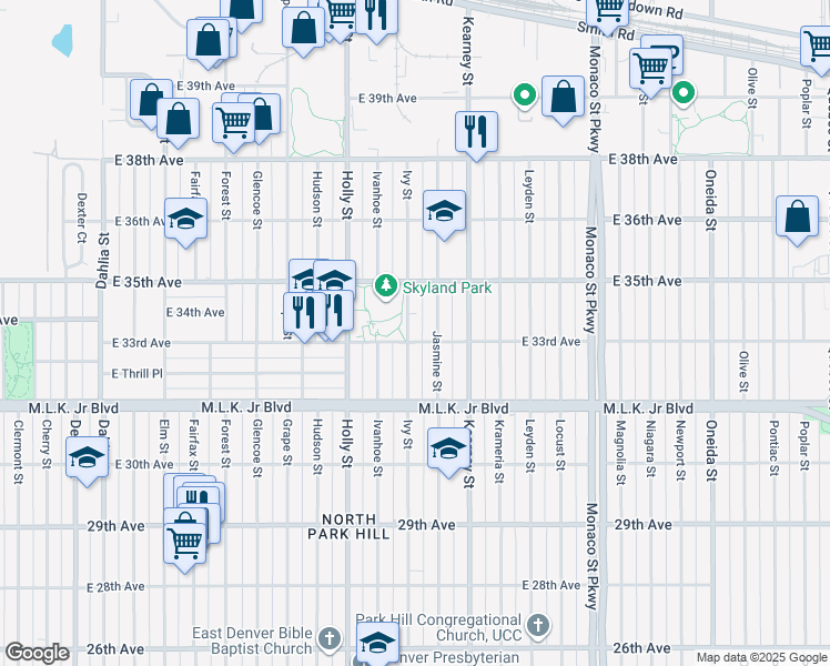 map of restaurants, bars, coffee shops, grocery stores, and more near 3285 Jasmine Street in Denver