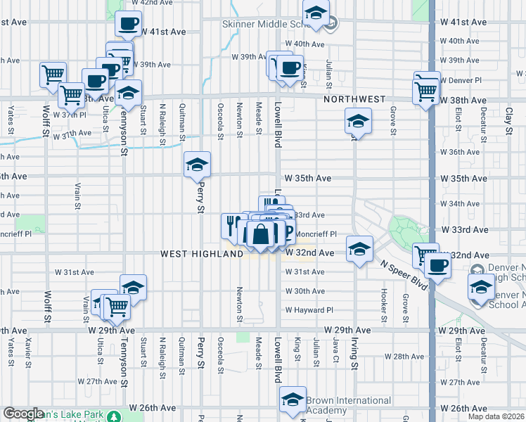 map of restaurants, bars, coffee shops, grocery stores, and more near 3277 Meade Street in Denver