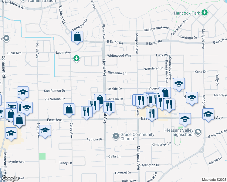 map of restaurants, bars, coffee shops, grocery stores, and more near 69 Jackie Drive in Chico