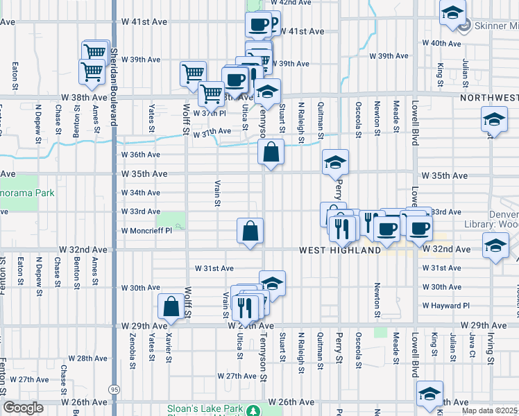 map of restaurants, bars, coffee shops, grocery stores, and more near 3244 Utica Street in Denver