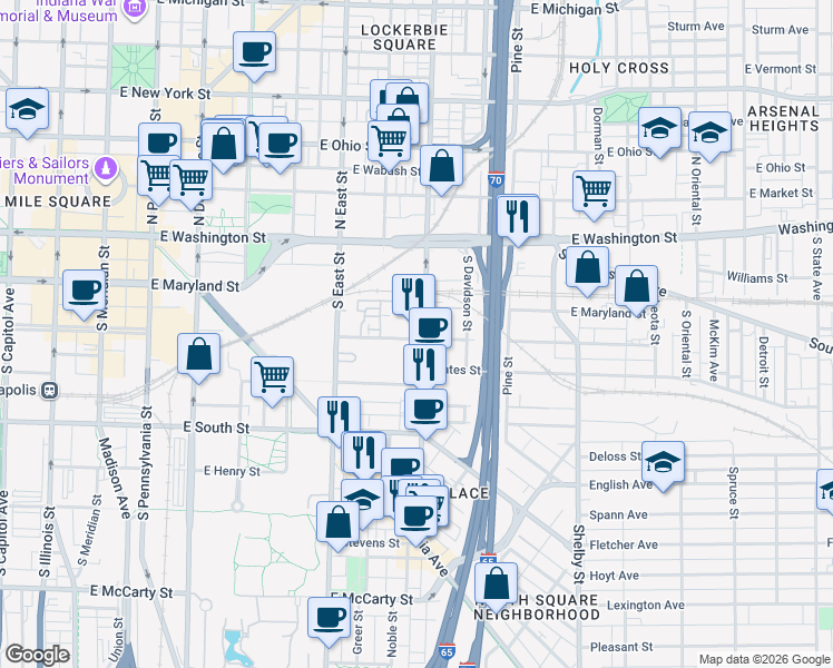 map of restaurants, bars, coffee shops, grocery stores, and more near 225 South East Street in Indianapolis