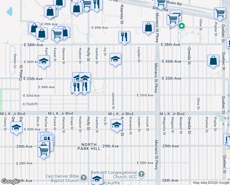 map of restaurants, bars, coffee shops, grocery stores, and more near 3285 Jasmine Street in Denver