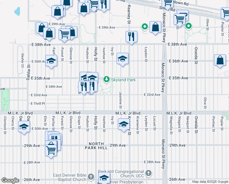 map of restaurants, bars, coffee shops, grocery stores, and more near 3285 Jasmine Street in Denver