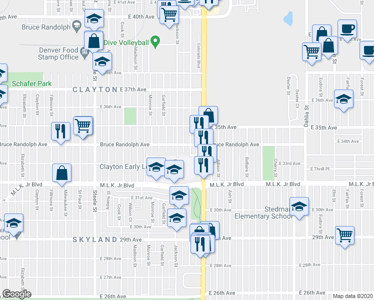 map of restaurants, bars, coffee shops, grocery stores, and more near 3328 Harrison Street in Denver