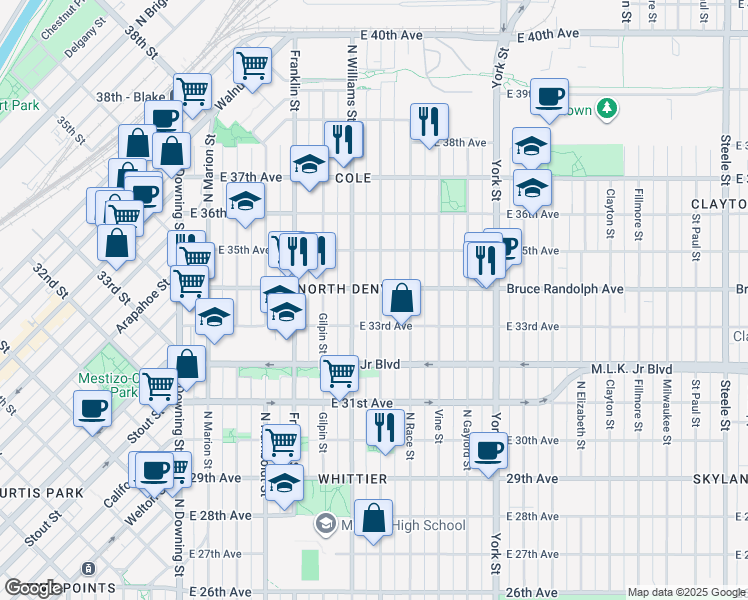 map of restaurants, bars, coffee shops, grocery stores, and more near 1813 East 33rd Avenue in Denver