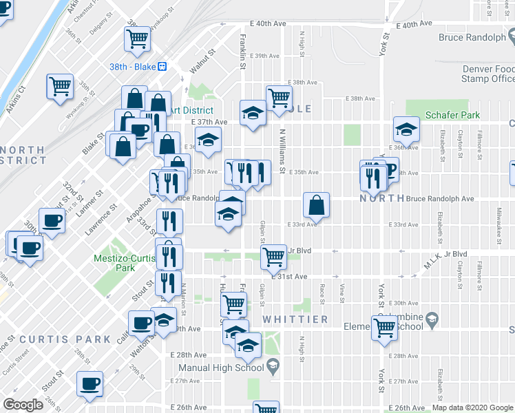 map of restaurants, bars, coffee shops, grocery stores, and more near 3306 Gilpin Street in Denver