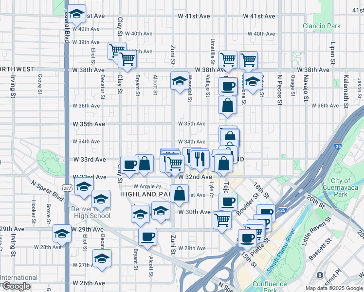 map of restaurants, bars, coffee shops, grocery stores, and more near 2325 West 33rd Avenue in Denver