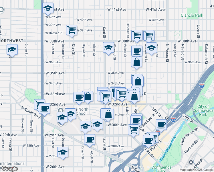 map of restaurants, bars, coffee shops, grocery stores, and more near 2325 West 33rd Avenue in Denver