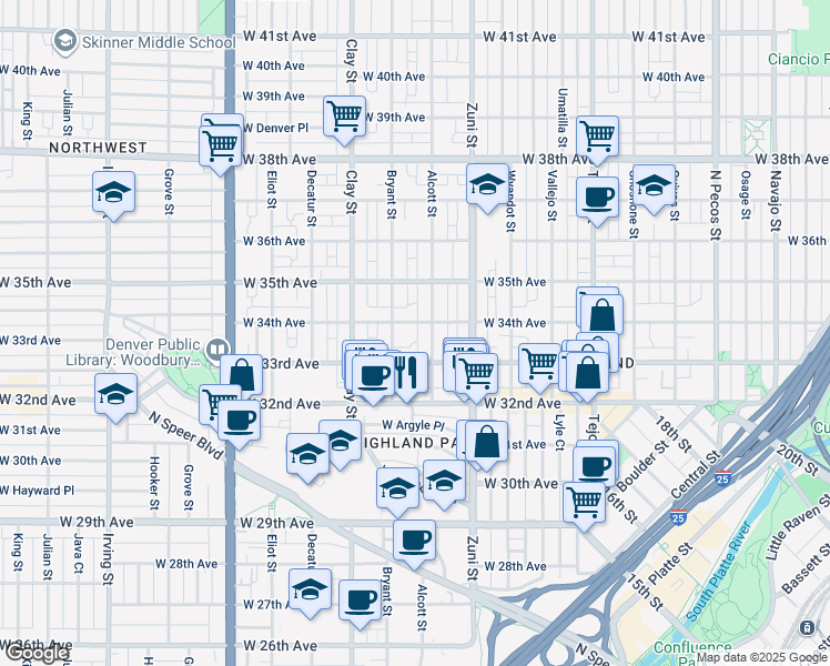 map of restaurants, bars, coffee shops, grocery stores, and more near 2525 West 33rd Avenue in Denver
