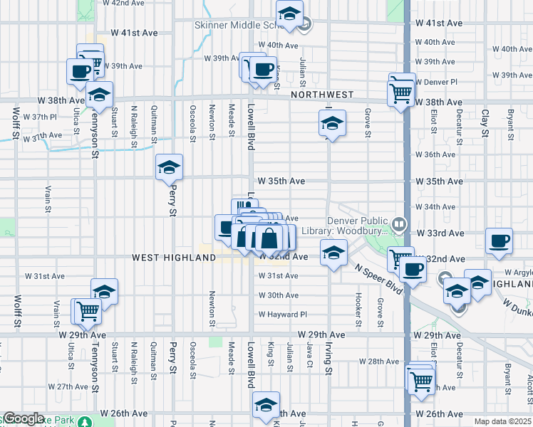 map of restaurants, bars, coffee shops, grocery stores, and more near 3424 West 33rd Avenue in Denver