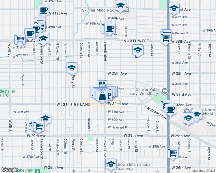 map of restaurants, bars, coffee shops, grocery stores, and more near 3494 West 33rd Avenue in Denver