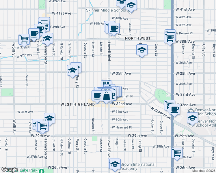 map of restaurants, bars, coffee shops, grocery stores, and more near 3494 West 33rd Avenue in Denver
