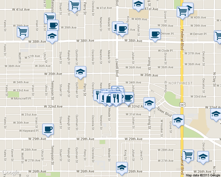 map of restaurants, bars, coffee shops, grocery stores, and more near 3277 Meade St in Denver