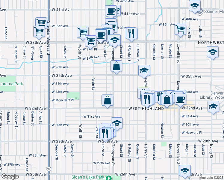 map of restaurants, bars, coffee shops, grocery stores, and more near in Denver