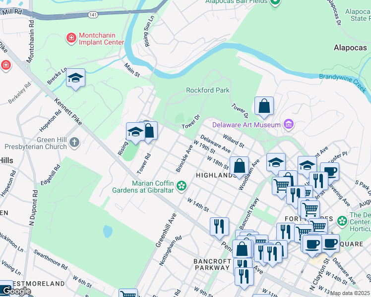 map of restaurants, bars, coffee shops, grocery stores, and more near 2602 West 17th Street in Wilmington