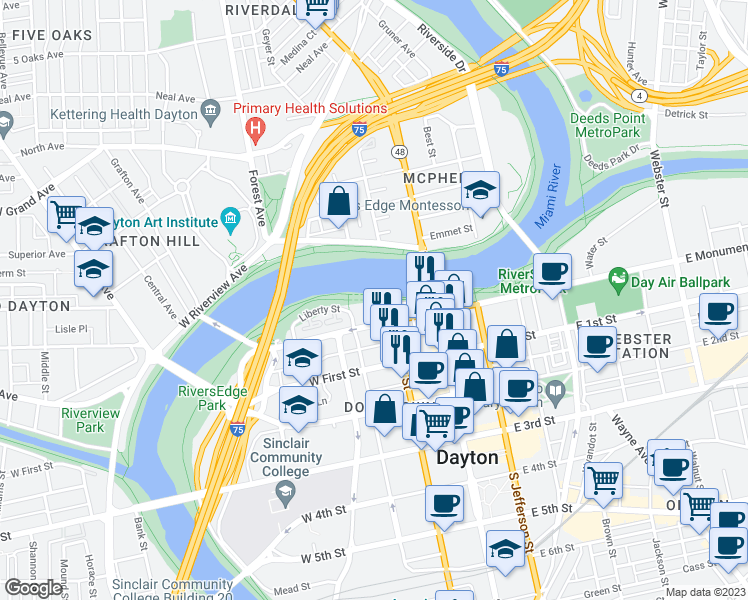 map of restaurants, bars, coffee shops, grocery stores, and more near 104 West Monument Avenue in Dayton