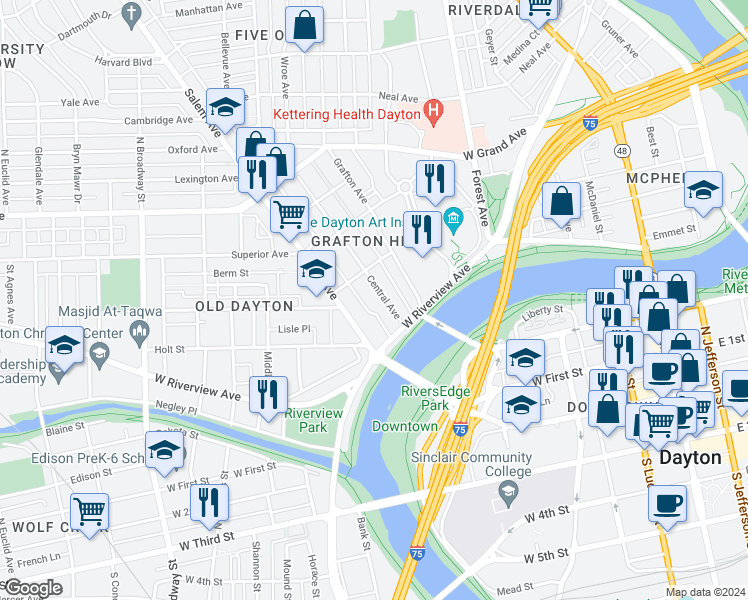 map of restaurants, bars, coffee shops, grocery stores, and more near 133 Salem Avenue in Dayton