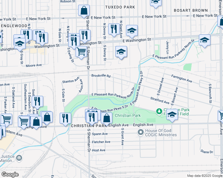 map of restaurants, bars, coffee shops, grocery stores, and more near 4002 East Pleasant Run Parkway North Drive in Indianapolis
