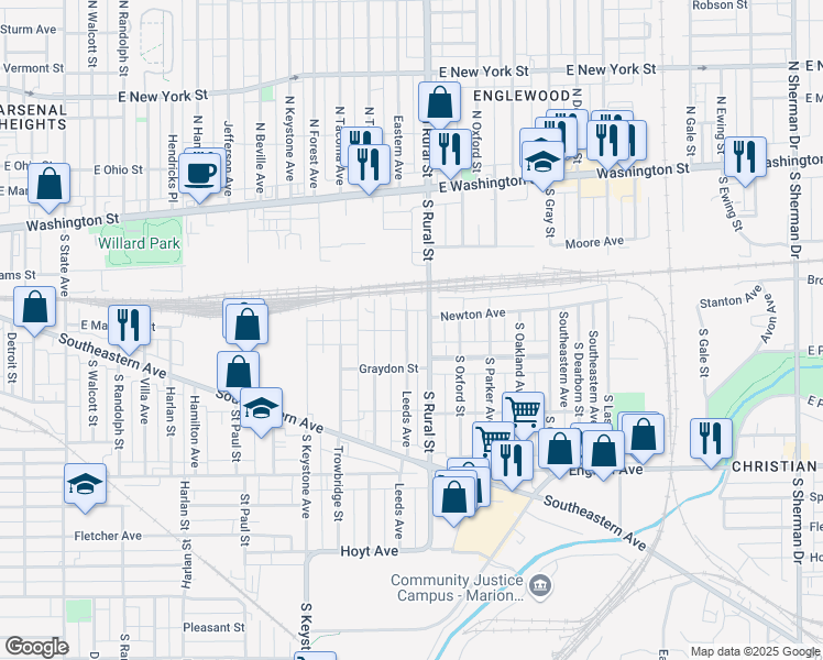 map of restaurants, bars, coffee shops, grocery stores, and more near 260 South Rural Street in Indianapolis