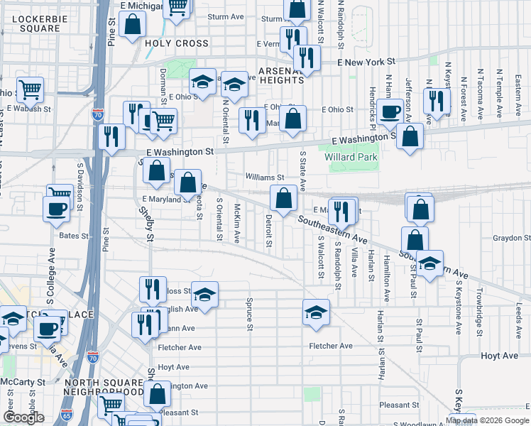 map of restaurants, bars, coffee shops, grocery stores, and more near 215 South Arsenal Avenue in Indianapolis