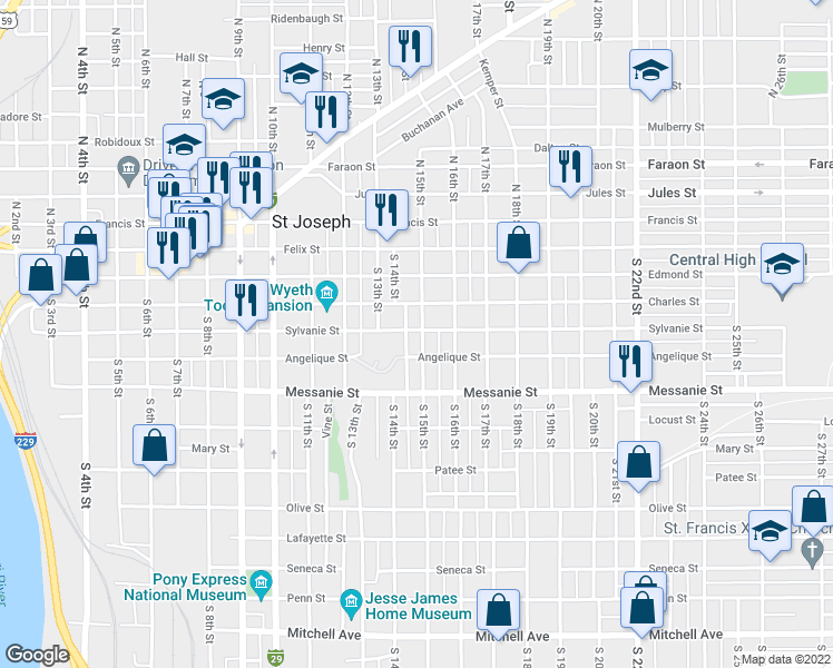 map of restaurants, bars, coffee shops, grocery stores, and more near 501 South 15th Street in Saint Joseph