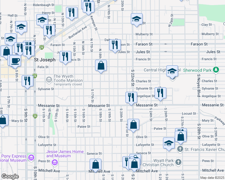 map of restaurants, bars, coffee shops, grocery stores, and more near 1914 Sylvanie Street in Saint Joseph