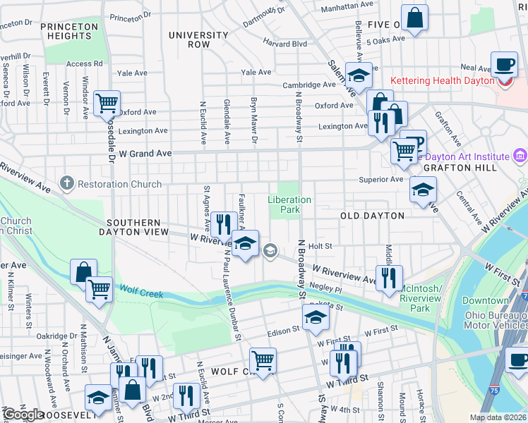 map of restaurants, bars, coffee shops, grocery stores, and more near 743 Ferguson Avenue in Dayton