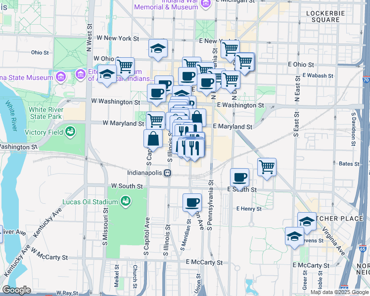 map of restaurants, bars, coffee shops, grocery stores, and more near 234 South Meridian Street in Indianapolis