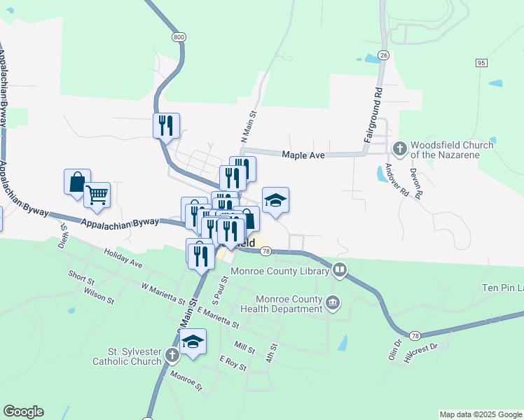 map of restaurants, bars, coffee shops, grocery stores, and more near 122 North Paul Street in Woodsfield