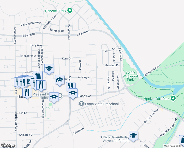 map of restaurants, bars, coffee shops, grocery stores, and more near 2 Harmony Park Circle in Chico